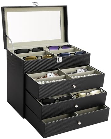 MINRS 33,5 x 19 x 29,5 cm, custodia per occhiali per riporre 24 occhiali con vetrina in vetro, occhiali da sole, orologio impilabile