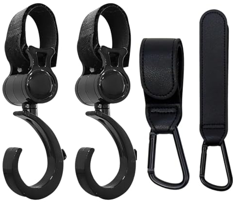 4 Stück Kinderwagen Haken Taschenhaken, Kinderwagen Haken Clips Grad Drehbar Kinderwagenhaken, Karabinerhaken PU, Universelle Buggy Clips für Rucksack, Wickeltasche, Handtasche