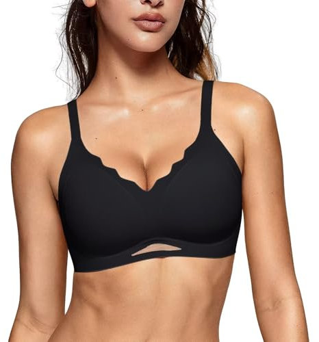 Vertvie Bras for Women Wireless Comfortable Push Up Bra Scalloped Seamless Full Coverage No Underwire Supportive T Shirt Bras(Black,Medium)