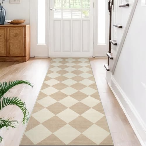Beeiva Checkered Print Rug Runners for Hallways Non Slip 2.5x8, Ultra Thin Beige Kitchen Runner Rugs Non Skid Washable, Classic Neutral Gingham Decor Faux Wool Carpet for Bathroom Bedroom Entryway