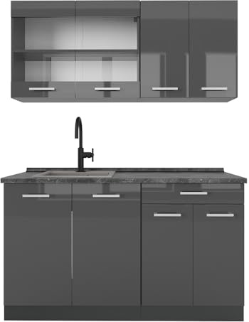 Vicco Singleküche R-Line, Anthrazit Hochglanz, 140 cm, AP Anthrazit, zur flexiblen Erweiterung mit weiteren Modulen geeignet