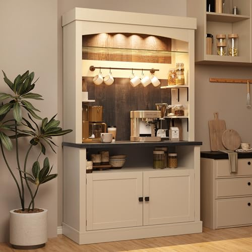 GarveeHome Coffee Bar Cabinet with LED Lights 72 in Tall Buffet Cabinet with Storage Farmhouse Kitchen Sideboard Tall Coffee Hutch with Microwave Stand/Wine Rack/Glass Shelf Dining Room (White)