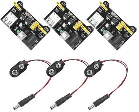 VILHTL 3.3V 5V Power Supply Module for Solderless Breadboard with 9V Battery Clip Power Cable 2.1x 5.5mm Male DC Jack Plug for Arduino (Pack of 3)