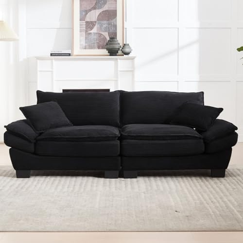 KOMHTOM Canapé Moderne 2 Places en Velours avec 2 Appuis-Tête et Coussins, Canapé Confortable avec Cadre en Bois et Pieds Noirs, Fauteuil de Relaxation pour Salon et Chambre (Noir)