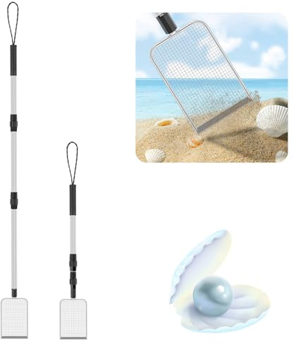 BAODBF 2 palas de red de playa, colador de metal, 40-106 cm, juguete de playa ajustable, pala para niños para coleccionar, juguete de arena para niños para recoger conchas