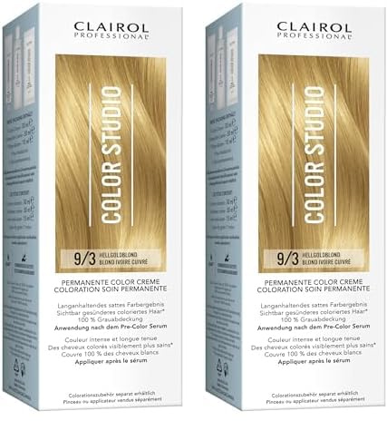 Clairol Professional Color Studio Permanente Haarfarbe Hellgoldblond 9/3 (110 ml) – mit Metal-Purifier für 6 x weniger Haarbruch, 10 Wochen sattes Farbergebnis & 100% Grauabdeckung – inkl. Haarkur