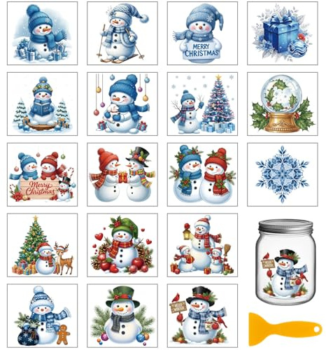 GLOBLELAND 18 Sheets Christmas Snowman Snowflakes Transfer Stickers 3.9x3.6inch Christmas Tree Colorful Transfer Decal Rub on Transfer for Cup Decal Vase Glass Art Crafts Decorations