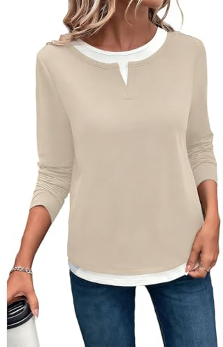 ROFUSSO Maglietta Casual da Donna con Collo Rotondo e Maniche Lunghe Top Morbida a Tinta Unita con Maniche Lunghe Maglietta Basic Leggera(Albicocca,S)