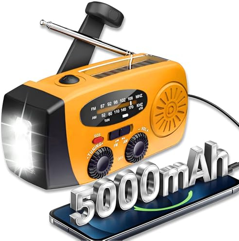 ZDAGELD Radio de Emergencia con Manivela, Radio Solar Am/FM/Weather, Power Bank 5000mAh, Linterna LED, SOS, IPX3 Impermeable, Carga de Emergencia para Teléfono Móvil y Supervivencia