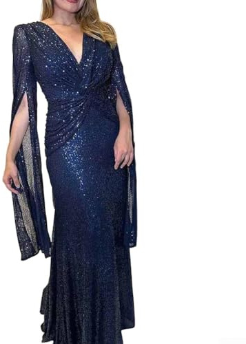Elegante maxi abito con profondo scollo a V, maniche lunghe drappeggiate e paillettes, perfetto per matrimoni (S blu)
