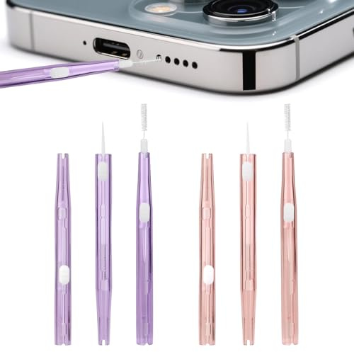 Fukaisu 6st Telefon Laddning Port Rengöring Kit, Plast Mobiltelefon Rengöring Borste med Borstar & Krok Dubbelsidig Damm Avlägsnare för Hörlurar Högtalare Mottagare Öronproppar (Lila och Rosa)