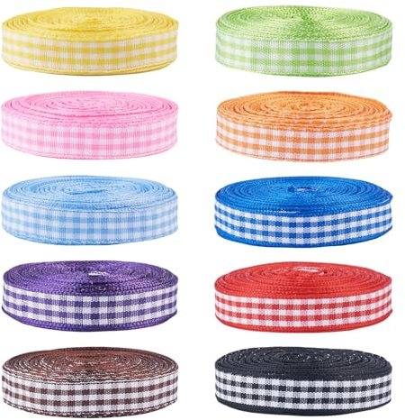 Pandahall - 10 rollos de cinta de cuadros de 1 cm x 9 m, varios colores, borde de alambre, para lazos para el pelo, costura, envoltorios de regalos, bodas, vacaciones, decoración de fiestas