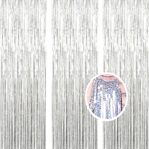 AILEXI 3er Pack Metallic Lametta Vorhänge Folie Fransen Schimmer Luftschlangen Vorhang Tür Fenster Dekoration für Geburtstag Hochzeitsfeier Lieferungen 3ft * 8ft - Laser Silber