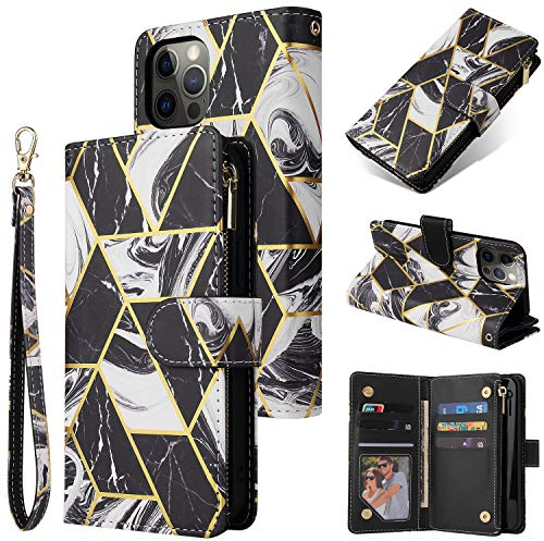 DEFBSC Fodral för iPhone 13 Pro Max, premium PU-läder geometriskt marmormönster dragkedja plånbok fodral med avtagbar handledsrem, magnetiska stängningskortspår stötsäkert marmor flip fodral fodral fodral – svart
