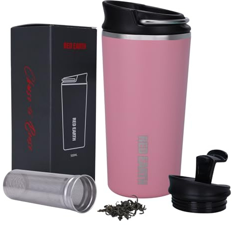 GiNT 17oz Travel Tea Mug with Infuser, 2 Lids. Vacuum Insulated 316 Stainless Steel Coffee Mug. Dishwasher Safe Tea Cup with Strainer for Hot & Cold Brew Coffee. Mothers Day Gifts for Mom (Pink)