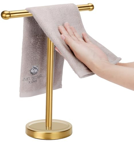 Supporto per asciugamani dorato con base in acciaio inossidabile pesante, a forma di T, autoportante, per bagno (oro spazzolato)