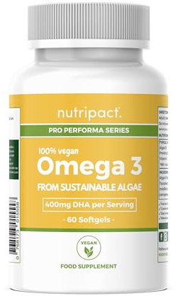 Nutripact Vegan Omega 3 Softgels from Sustainable Algae Oil with Vitamin E - 1000mg Algae per Serving - High Strength 400mg DHA Supplement – 60 Capsules - Alternative to Fish Oil