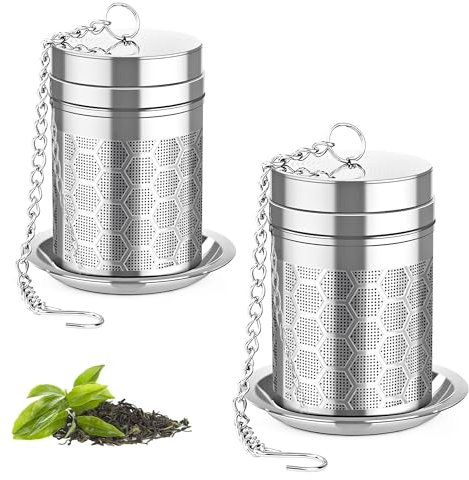 Yoassi Teesieb für losen Tee, 2 Stück Teefilter aus rostreiem Edelstahl mit Deckel, feinmaschiger Teeei Gewürzsieb mit Kette, Abtropfschale für Gewürze und Kräuter für Tassen, Teekannen