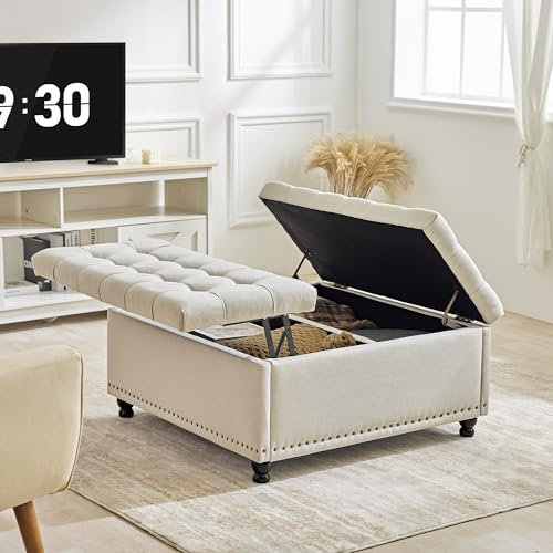Redlife Tavolino con Ottoman Contenitore, 89.9 cm Grande Ottoman Quadrato con Spazio di Archiviazione, Pouf con Contenitore Imbottito per Soggiorno (Beige)