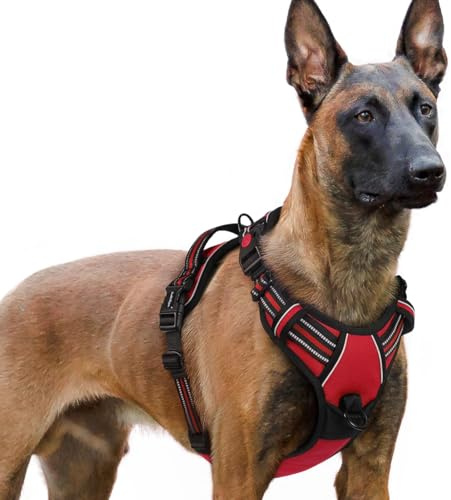 rabbitgoo Harnais Chien avec 3 Boucles, Facile à Mettre et à Enlever, Harnais Anti Traction pour Chien avec Poignée et Attache Devant, Réglable, Réfléchissant, Arnet pour Chiens Grand, Rouge, XL