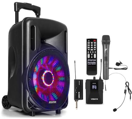 Fenton FT10LED Portable PA System with Wireless Headset & Handheld Microphones, Bluetooth PA Speaker, 10-Inch Subwoofer, LED Lights, Battery Powered for Events, Karaoke & Presentations