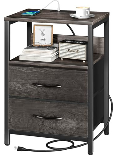 Yoobure Nightstand with Charging Station, Small Night Stand with Fabric Drawers and Storage Shelf for Bedrooms, Nightstands for Small Spaces, Bedside Table with USB Ports & Outlets, Bed Side Table