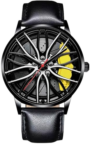 RORIOS Mode Herrenuhren Analoge Quarz Armbanduhr Car Hub Design Uhren Cool wasserdichte Uhr mit Leder Armband für Männer Gelb C