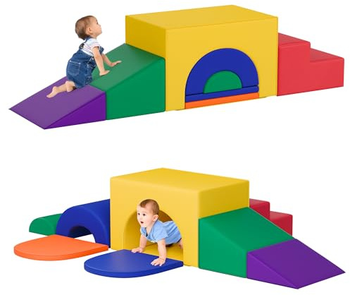 TOLEAD Soft Foam Climbing Blocks Set – Large 5-in-1 Soft Play Toys Crawling & Sliding Climbing Arch for Toddlers, Foam Playset for Nursery,Preschool (Classic American Color)