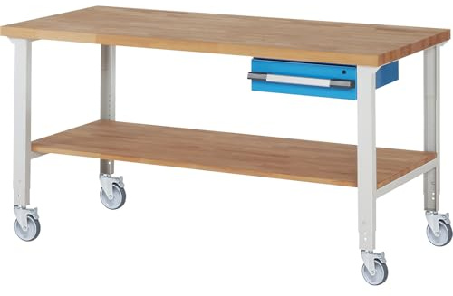 eurokraft pro | Banco da lavoro mobile Serie 7000 | 4 rotelle pivottanti | 1 cassetto | ripiano | pannello largh x prof 2000 x 900 mm