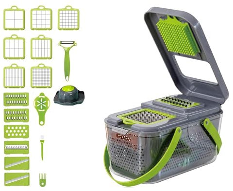 Mandolina da cucina professionale da 22 pezzi. Con pelapatate, affettaverdure, tritatutto manuale, grattugia per formaggi, scolapiatti e molto altro ancora. Gadget da cucina.