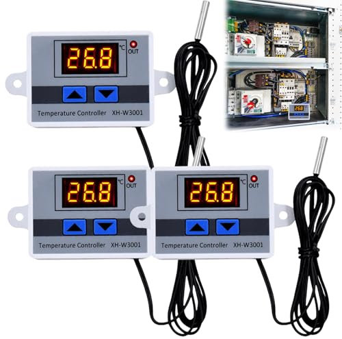 3 Stück Digitaler Temperaturregler: XH-W3001 Digital Thermostat mit Fühler Wasserdichter Sonde AC110V-220V Temperaturschalter LCD Display, Heizung Kühlung