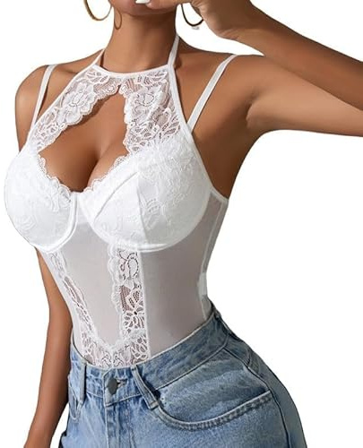 MIZSPISE Body encaje sexy para mujer (blanco, Talla única)