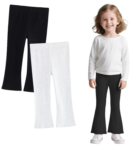 Domueay Leggings Évasés pour Filles, Lot de 2, Coton Collants, 2-7Ans | Ceinture élastique Pantalons Longs, Respirant Doux Flare Legging, Couleur Unies Vêtements Sport Danse Gymnastique Scolaire