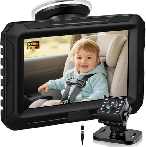 Zacro Caméra pour bébé - Rétroviseur de voiture pour bébé - 1080P - USB-C Plug and Play - Rétroviseur de voiture avec vision nocturne HD et angle de vision de 150 ° - Rétroviseur arrière de voiture