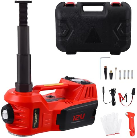Haedswer Cric Elettrico per Auto 5T, 12V Martinetto per Auto Elettrica 150-450mm, con pompa gonfiabile e luce LED, 4 in 1 Martinetto Idraulico per Auto, SUV, Camion, Cambio Gomme