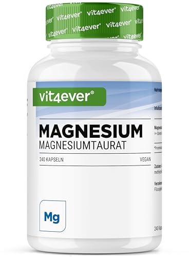 vit4ever Magnesio Taurato - 240 Capsule Vegane - 2550 mg di Magnesiotaurato con 200 mg di Magnesio Elementare per Dose Giornaliera - Materia Prima Premium ad Elevata Purezza - Senza Additivi Inutili