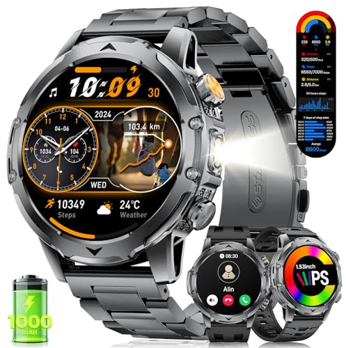 FITFLEX Montre Connectée Homme avec Appel Bluetooth, 1.53 HD Smartwatch avec Batterie 1000 mAh(60+Standby Zeit)/Lampe de Poche/120+ Sportifs/Sommeil, IP68, Fitness Montre Connecté iOS Android