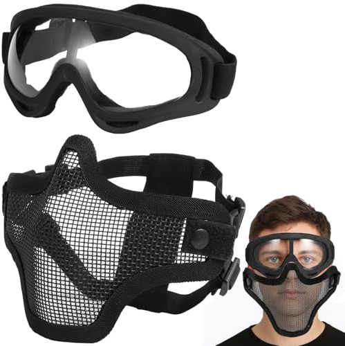 Strategical Protective Gear Set, Carbon Steel Half-face Mesh Cover with Sports Goggle for Men Women, Adjustable Strategical Gear for Shooting, Paintball, CS Games, Costume Parties