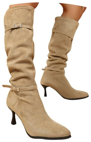 LDXEQIZ Botas De Ante con Tacón Botas Altas De Mujer con Punta Afilada Elegantes Tacones Altos con Hebilla Tacones De Aguja Otoño/Invierno for Oficina Y Fiestas(Beige,42 EU)