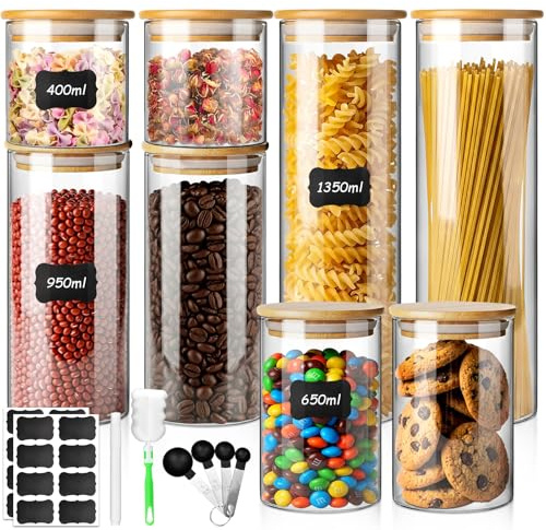 AMIPOW 8pcs Barattoli di Vetro con Coperchio Barattoli di Vetro Ermetici Barattoli Vetro Barattolo Vetro con Coperchio per Pasta Farina Zucchero Caffè Prodotti (450ml/650ml/950ml/1350ml)