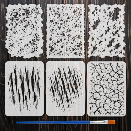 FINGERINSPIRE 6PCS Abstract Spray-Painted Patterns Stencils with Paint Brush 21x29.7cm Reusable Abstract Graffiti Pattern Stencil for Painting on Wood Wall Furniture DIY Home Decoration