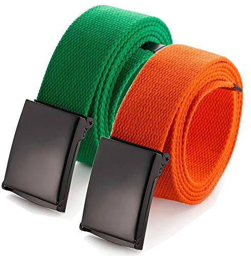 Up to 132 cm Waist Adjustable Belt with Robust Black Military Buckle (16 Colours and Combination Options), 2 Pack Orange/Green,