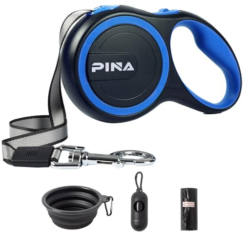 PINA Retractable Dog Leash, 26ft Dog Leash for Small Medium Large Dogs Up to 110lbs, 360° Tangle-Free Strong Reflective Nylon Tape, with Anti-Slip Handle, One-Handed Brake, Lock - Black Blue