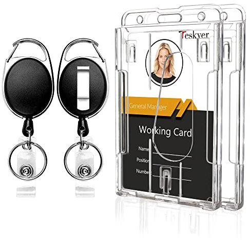 Teskyer 2 Stück Ausweishalter, 2 Stück Schlüsselband Ausziehbar, Durchsichtigen Hartplastik Ausweishülle mit 1 Kartenfächern, Vertikaler Stil