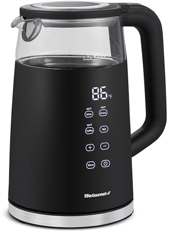 Elite Gourmet 1.7L Dual Wall Cool Touch Electric Tea Kettle, Borosilicate Glass, 304 Stainless Steel Interior, Programmed Digital Touchscreen, Keep Warm, Auto Off & Audible Indicator, Black