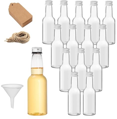 ACONDE 15 Stück Mini Fläschchen Kunststoff, 60ml Likörflaschen, Fläschchen Plastik Wiederverwendbar, Kleine Flaschen zum Befüllen, mit Deckel und Trichter, Kraftpapieretikett