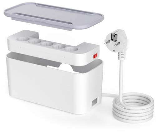 Kabelbox mit Steckdosenleiste, Kabel Organizer Box Steckdosenadapter mit 2M Kabel, Mehrfachsteckdose 5 Fach mit 3 USB, 29.5 * 14 * 14CM, Weiß