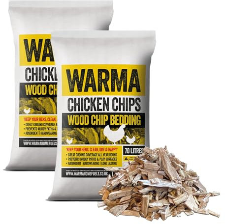Warma Premium Chicken Wood Chips Hardwood Chippings - Poultry Bedding Coops Hens Run Animal Pens Garden Boarders Path Walkways Ground Covering Kids Outdoor Childrens Play Areas - 2 x 70Ltr Bags