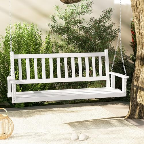 KOMFOTTEU Hängbänk av poppelträ, 2-3-sitsig gungbänk med justerbara metallkedjor, hängstol med ryggstöd av lameller, hollywoodgunga för trädgård (brun, 168 x 65 x 63 cm)