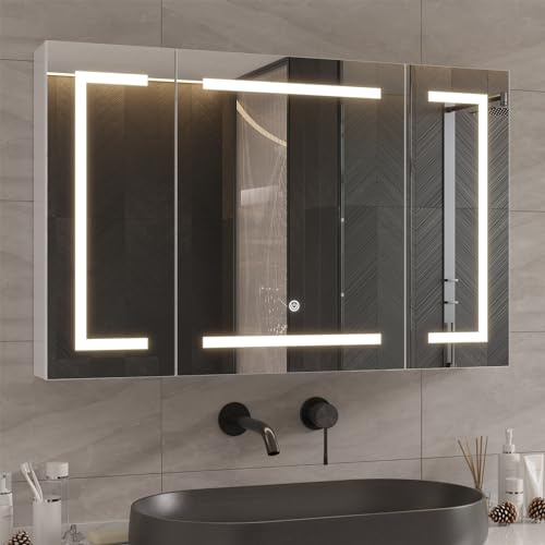 DICTAC Armoire Toilette Miroir avec éclairage LED et Prise 100x60x13.5cm Métal Armoire de Toilette avec Miroir,Armoire Miroir Salle de Bain avec étagère Réglable,3 Couleur Lumiere